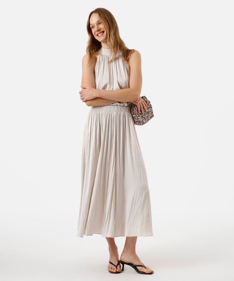 saia midi feminina plissada acetinada bege