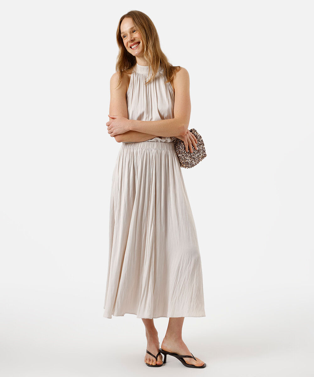 saia midi feminina plissada acetinada bege