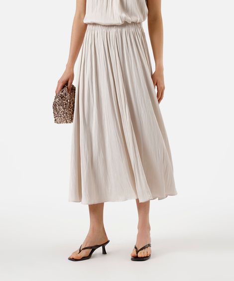 saia midi feminina plissada acetinada bege