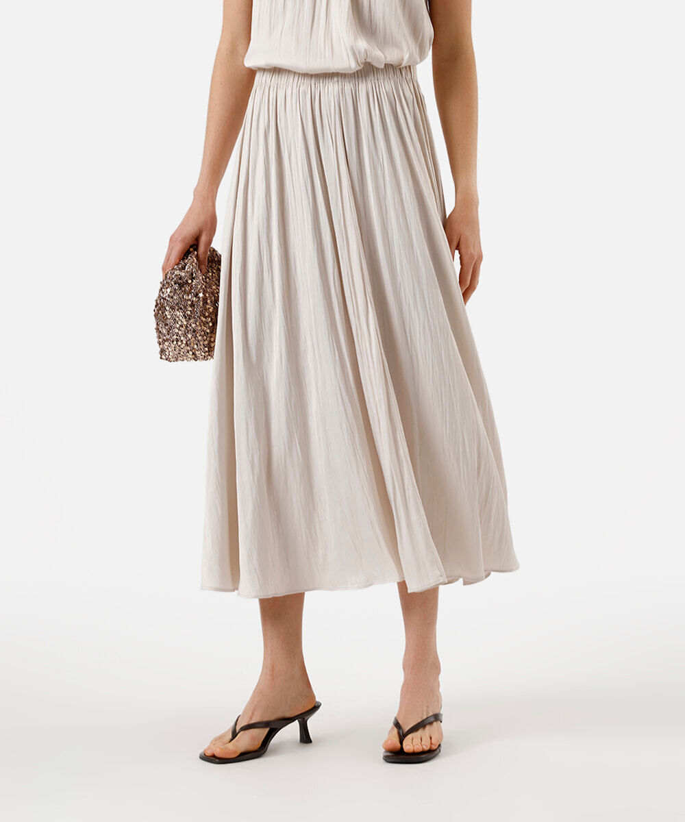 saia midi feminina plissada acetinada bege