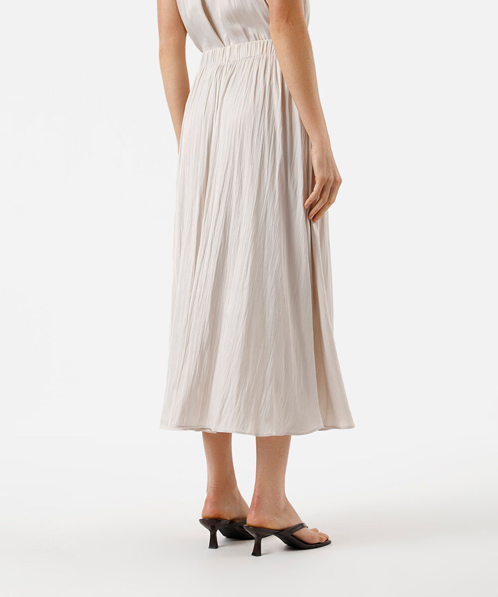saia midi feminina plissada acetinada bege