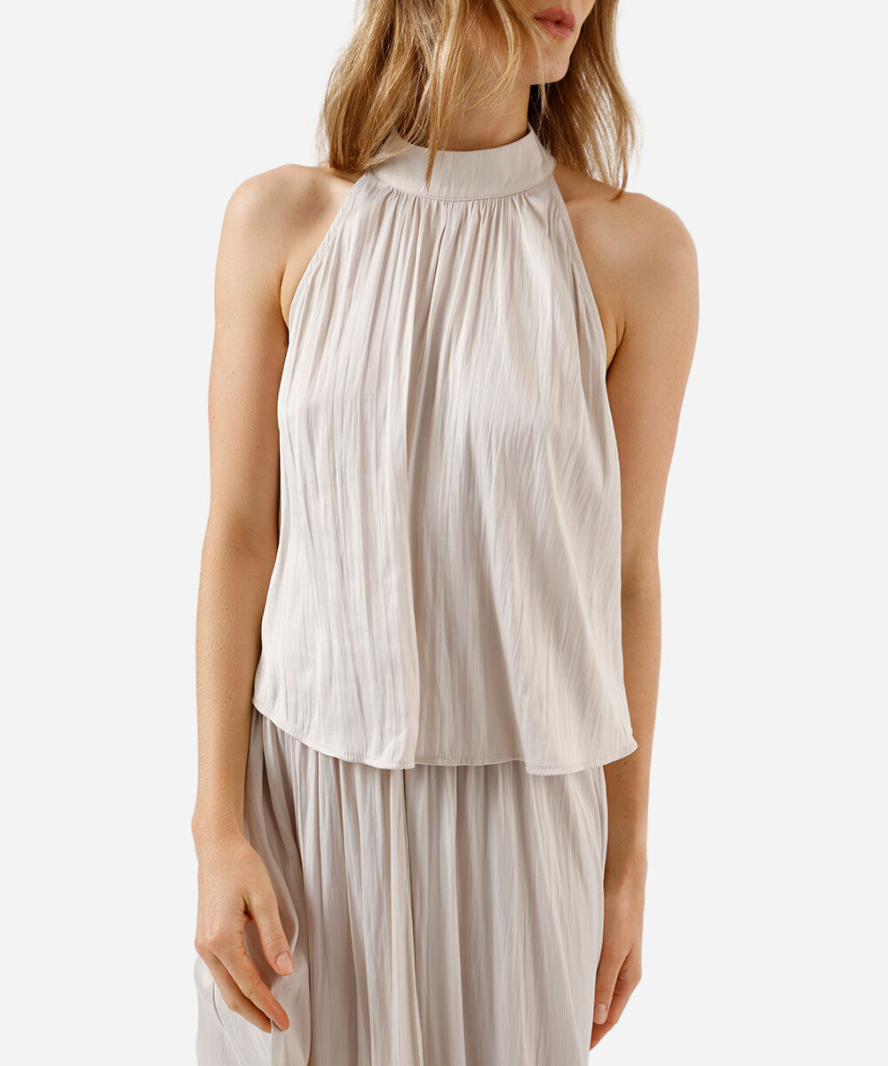 blusa feminina franzida acetinada bege