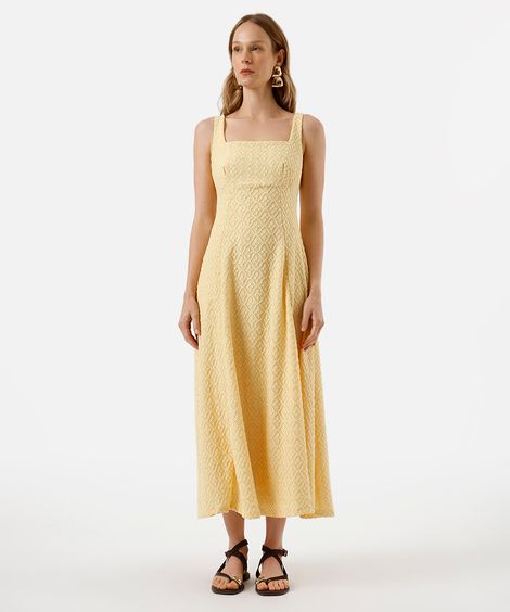 vestido midi feminino decote quadrado floral texturizado amarelo