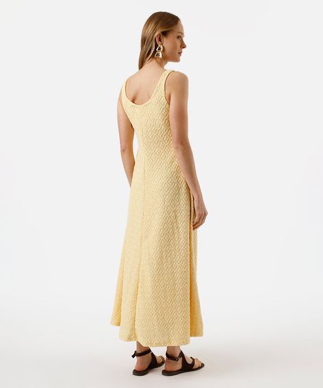 vestido midi feminino decote quadrado floral texturizado amarelo