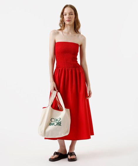 vestido midi sem alça feminino franzido vermelho