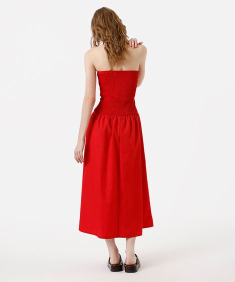 vestido midi sem alça feminino franzido vermelho
