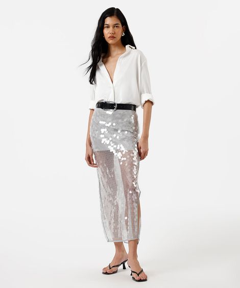 saia midi feminina de paetê com fendas cinza