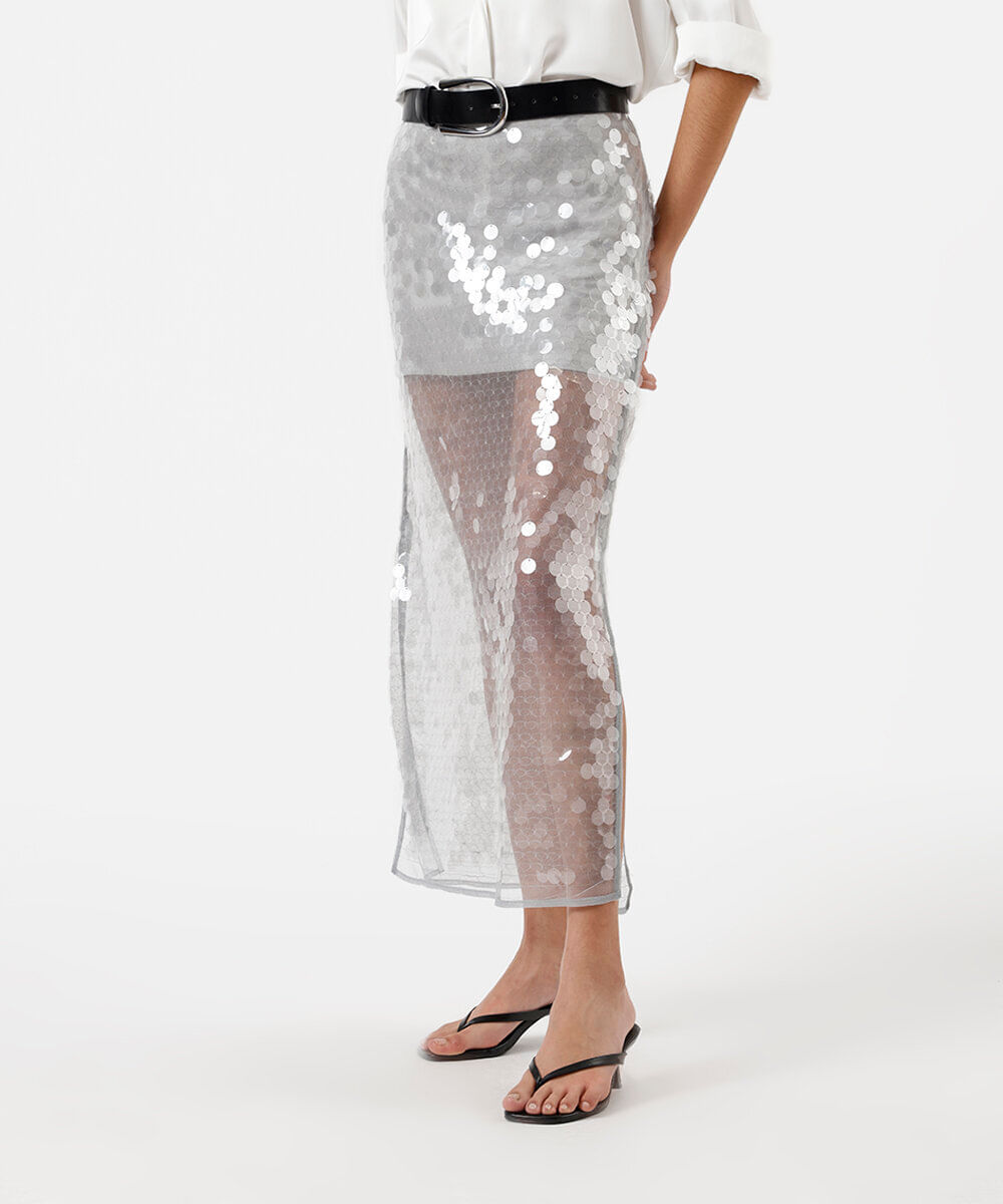 saia midi feminina de paetê com fendas cinza