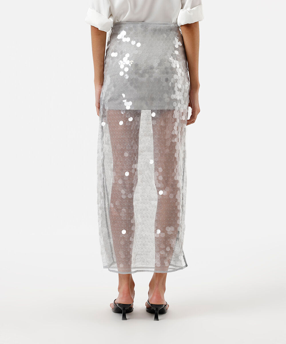 saia midi feminina de paetê com fendas cinza