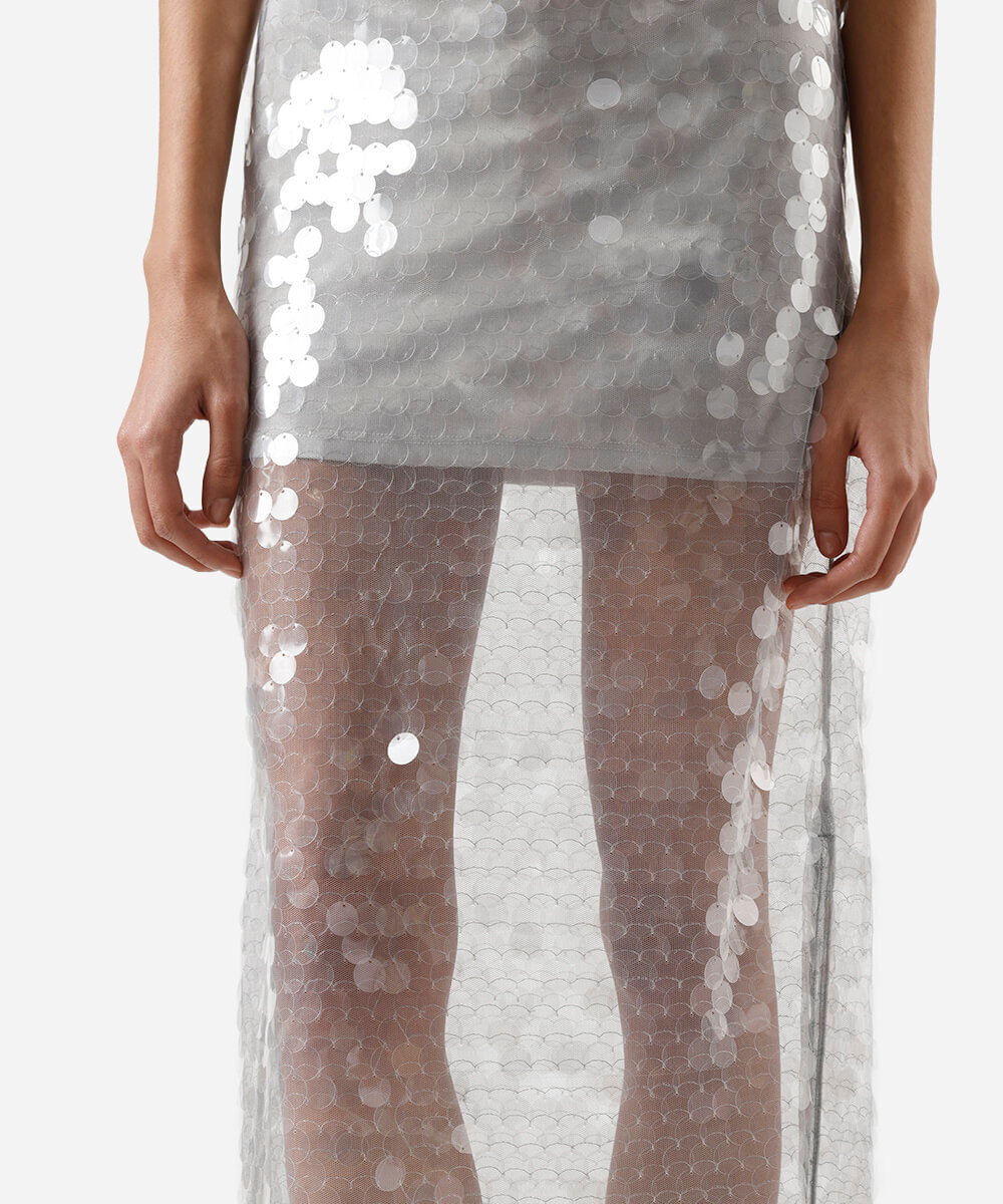 saia midi feminina de paetê com fendas cinza