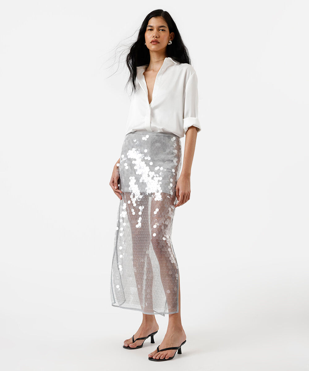 saia midi feminina de paetê com fendas cinza