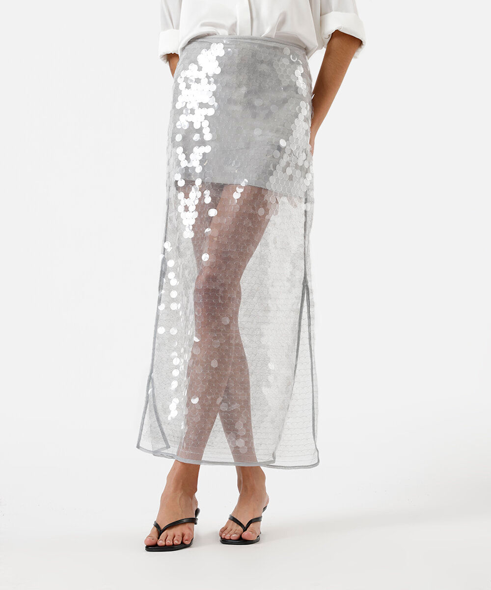 saia midi feminina de paetê com fendas cinza