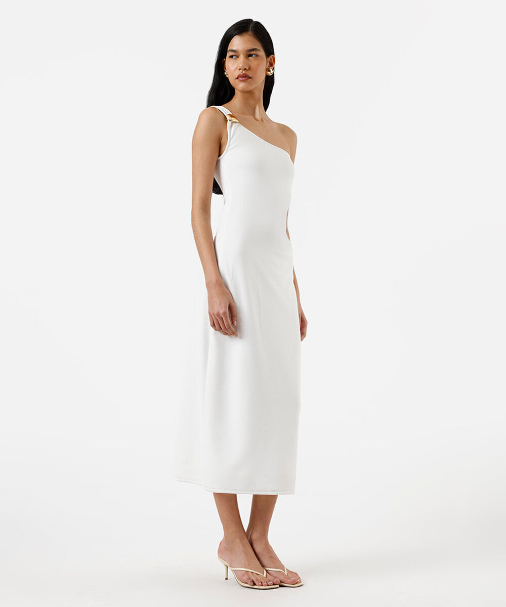 vestido midi feminino ombro único franzido off white