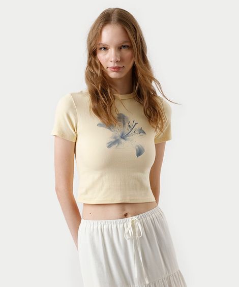 blusa baby look feminina com algodão floral amarelo