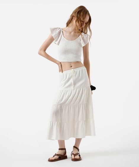 saia midi feminina com recortes cós elástico off white