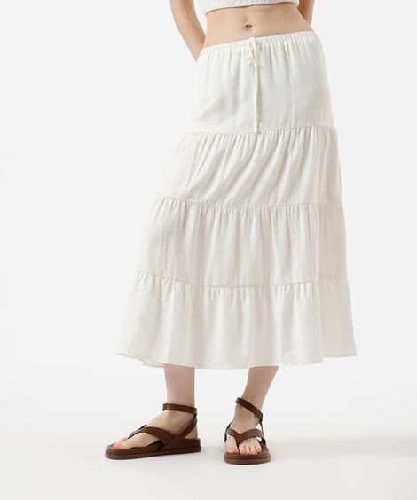 saia midi feminina com recortes cós elástico off white