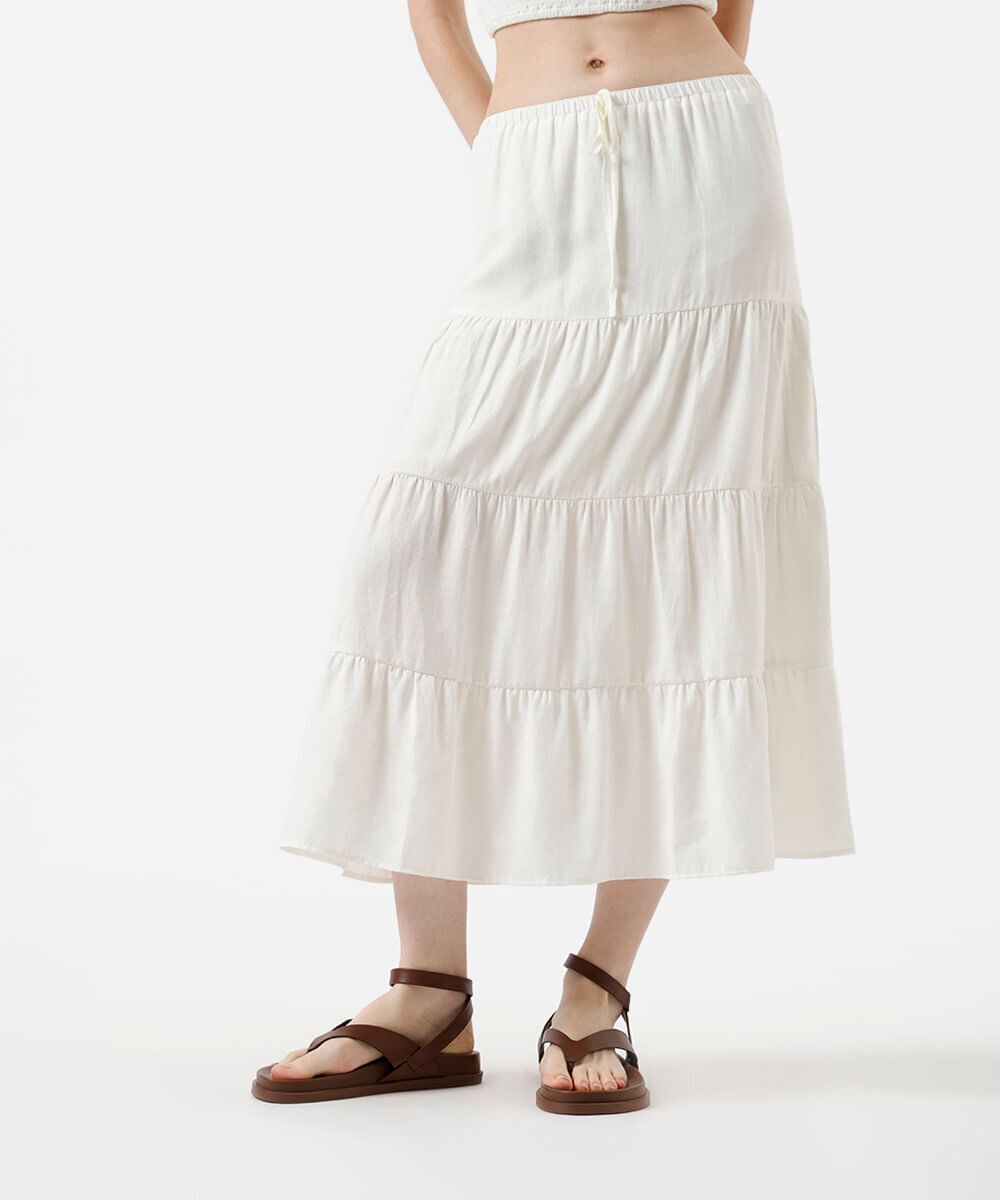 saia midi feminina com recortes cós elástico off white