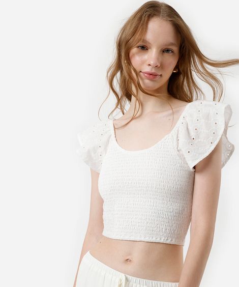 cropped feminino de algodão manga bordada franzido off white