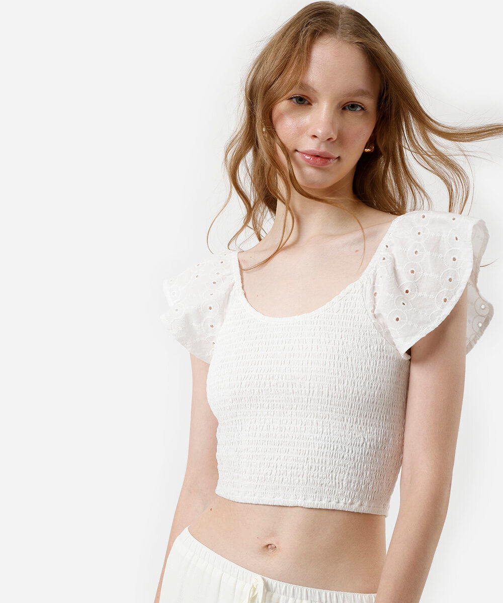 cropped feminino de algodão manga bordada franzido off white