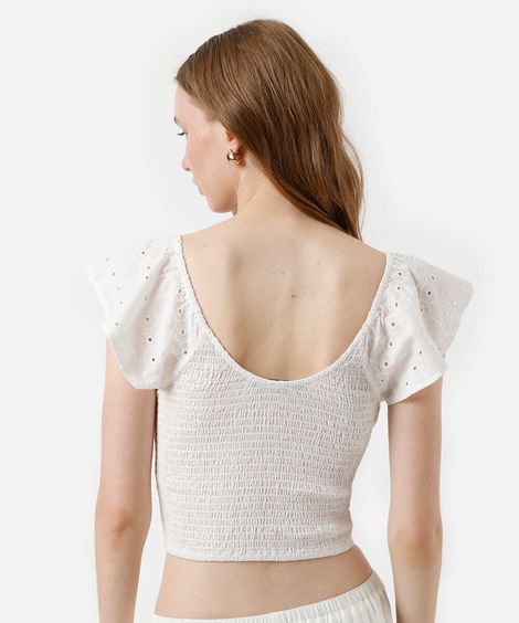 cropped feminino de algodão manga bordada franzido off white