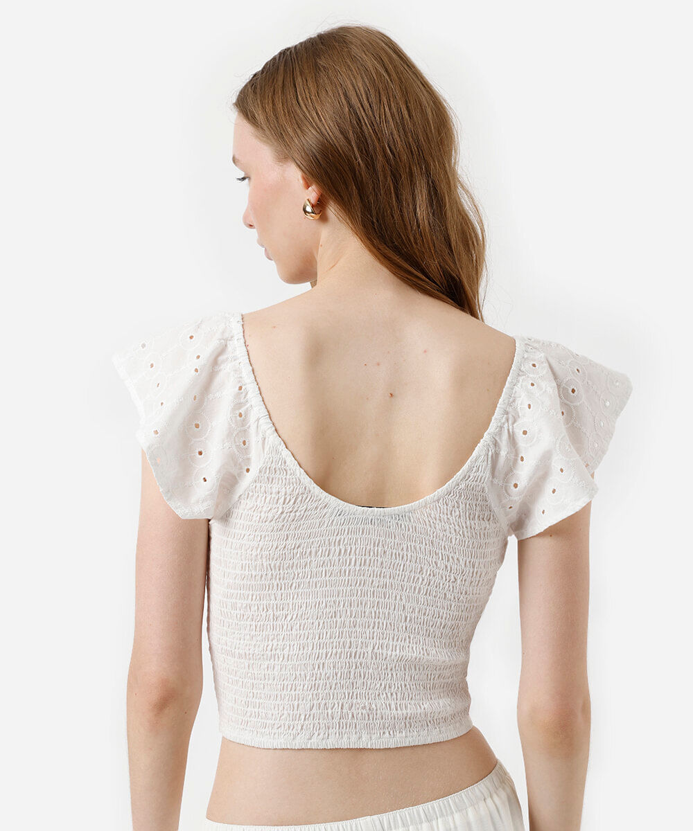 cropped feminino de algodão manga bordada franzido off white