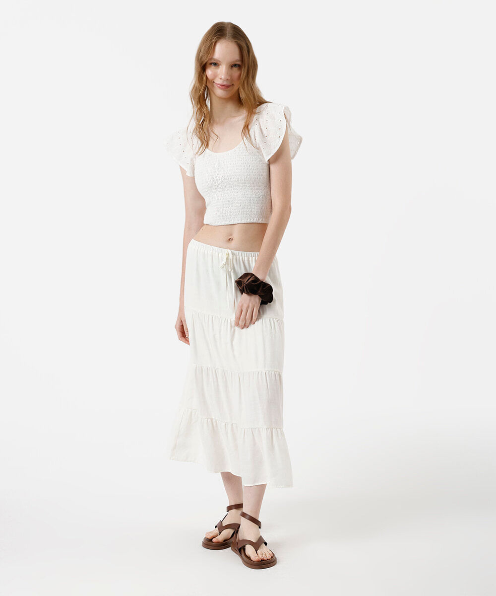 cropped feminino de algodão manga bordada franzido off white