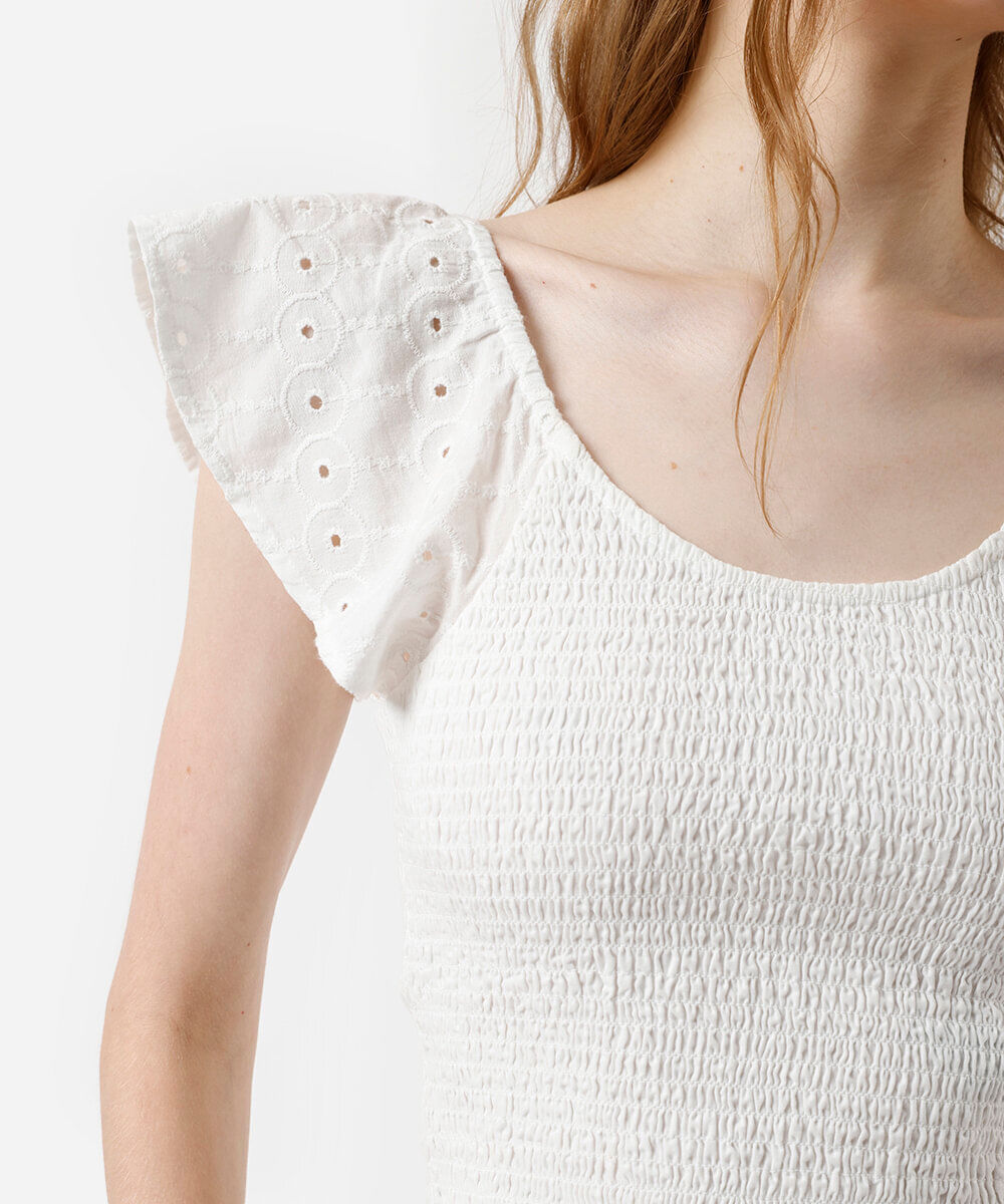 cropped feminino de algodão manga bordada franzido off white