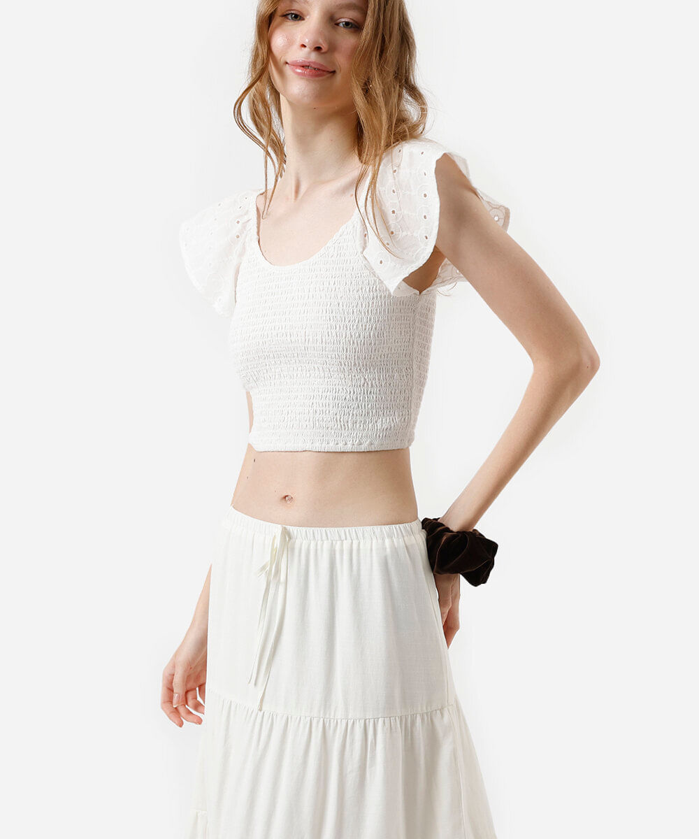cropped feminino de algodão manga bordada franzido off white