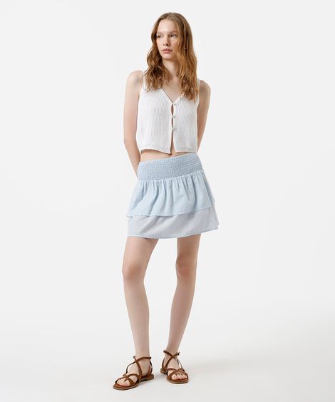 saia curta feminina de algodão franzida texturizada azul