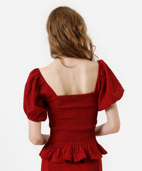 blusa feminina manga bufante texturizada vermelha