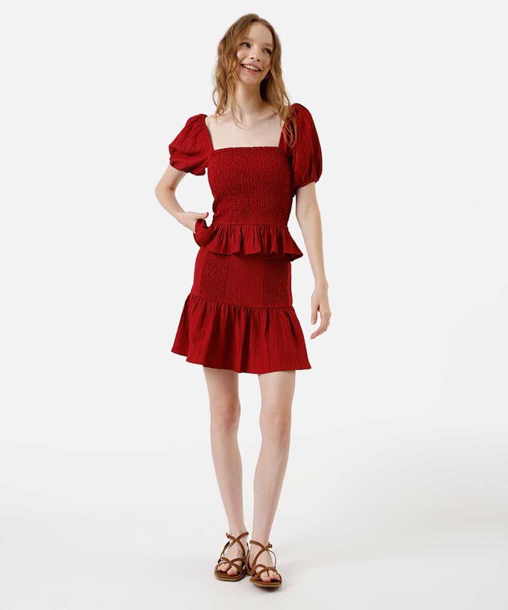 blusa feminina manga bufante texturizada vermelha