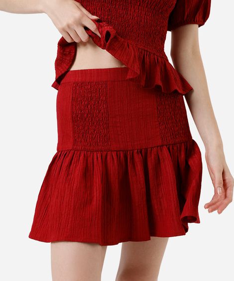 saia curta feminina franzida com babado vermelha
