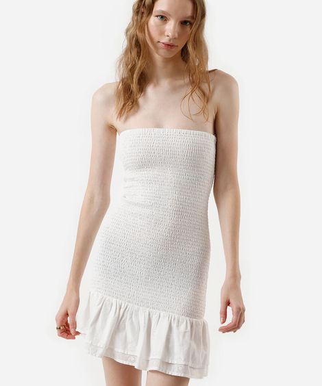 vestido curto feminino de algodão franzido com babado off white