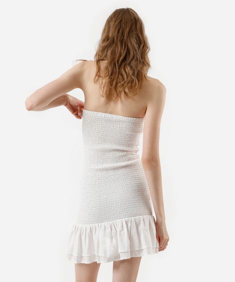vestido curto feminino de algodão franzido com babado off white