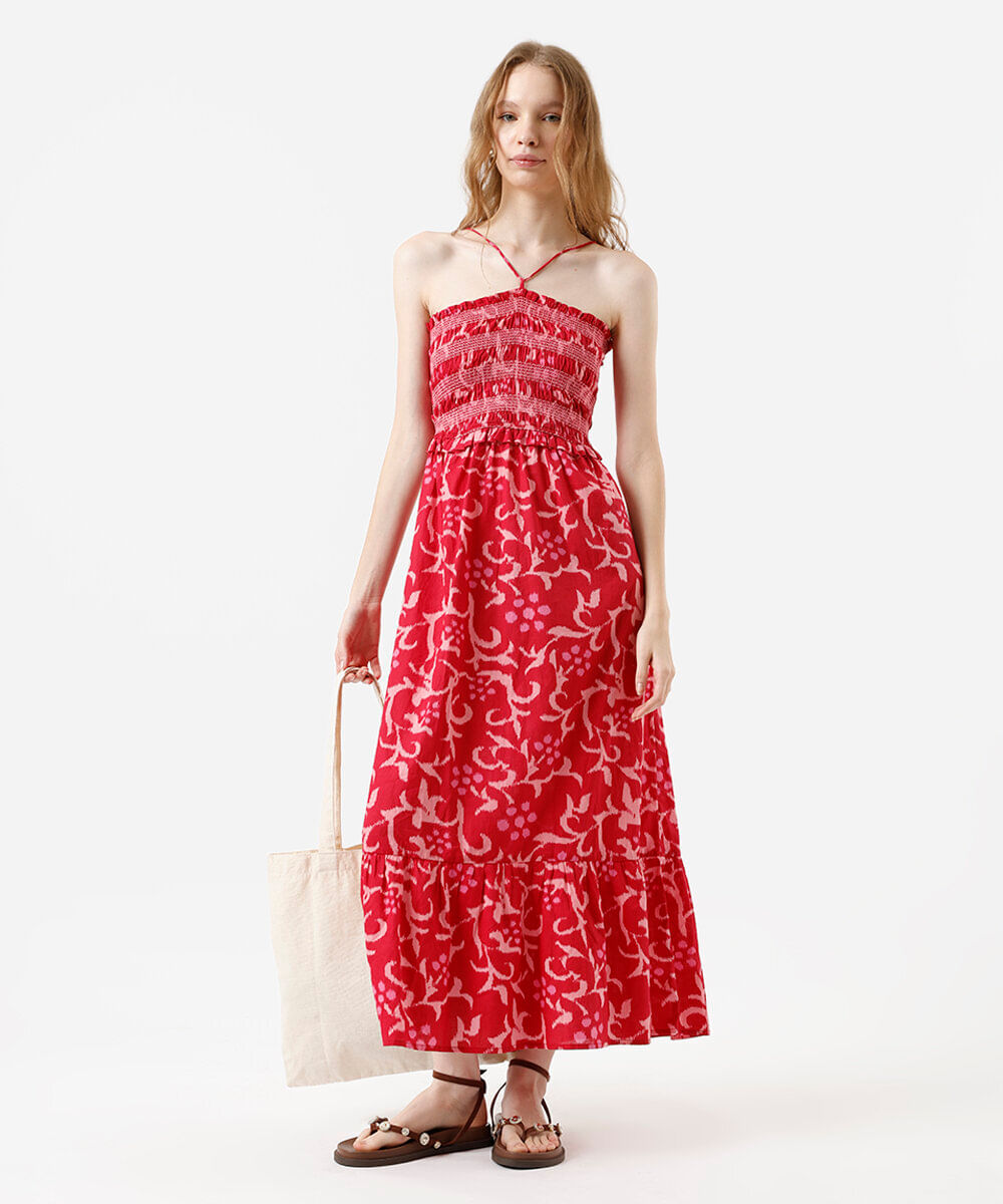 vestido midi alça fina feminino de algodão com recorte floral vermelho
