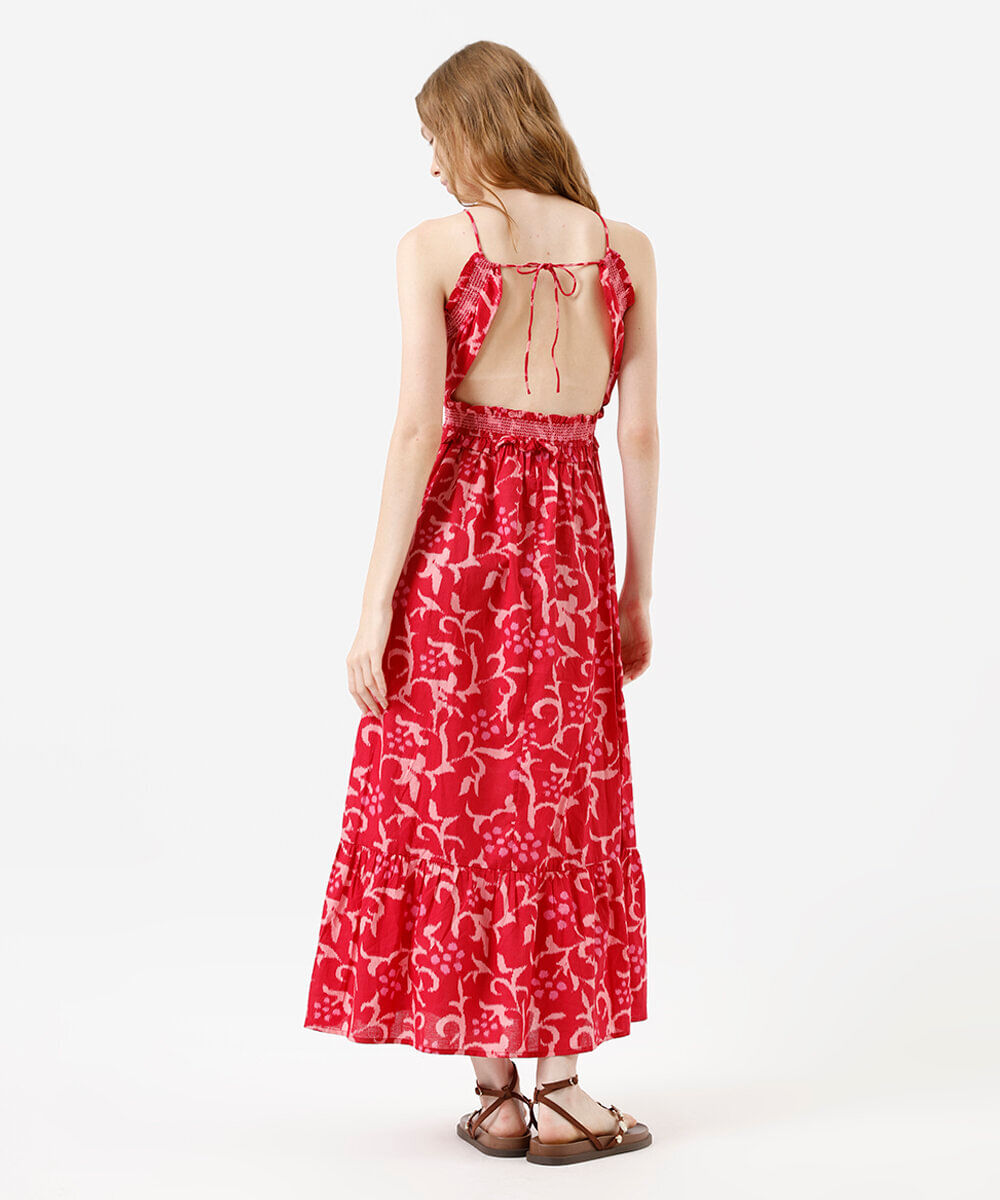 vestido midi alça fina feminino de algodão com recorte floral vermelho
