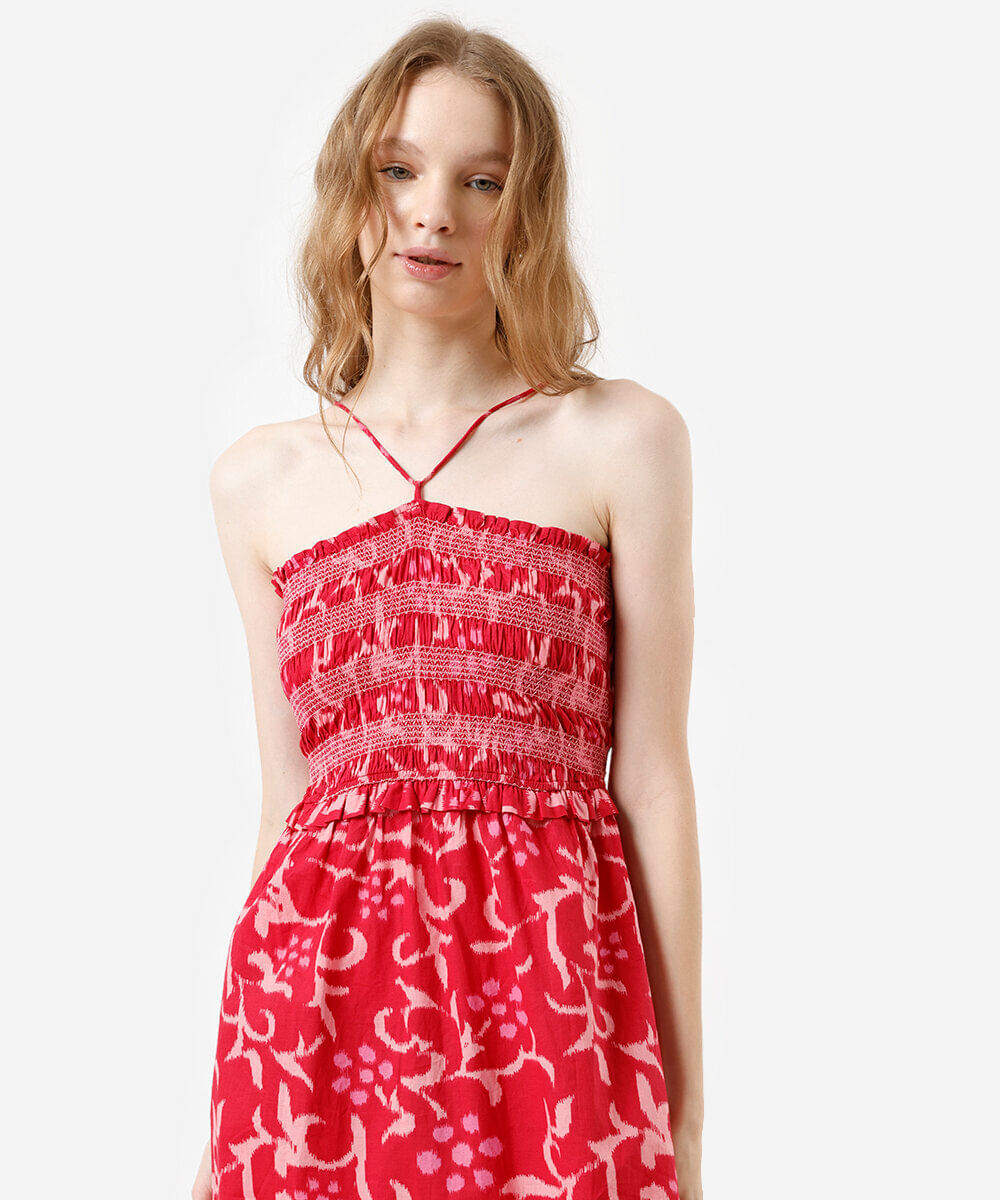 vestido midi alça fina feminino de algodão com recorte floral vermelho