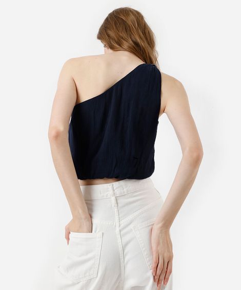 cropped ombro único de viscose bordada texturizada azul