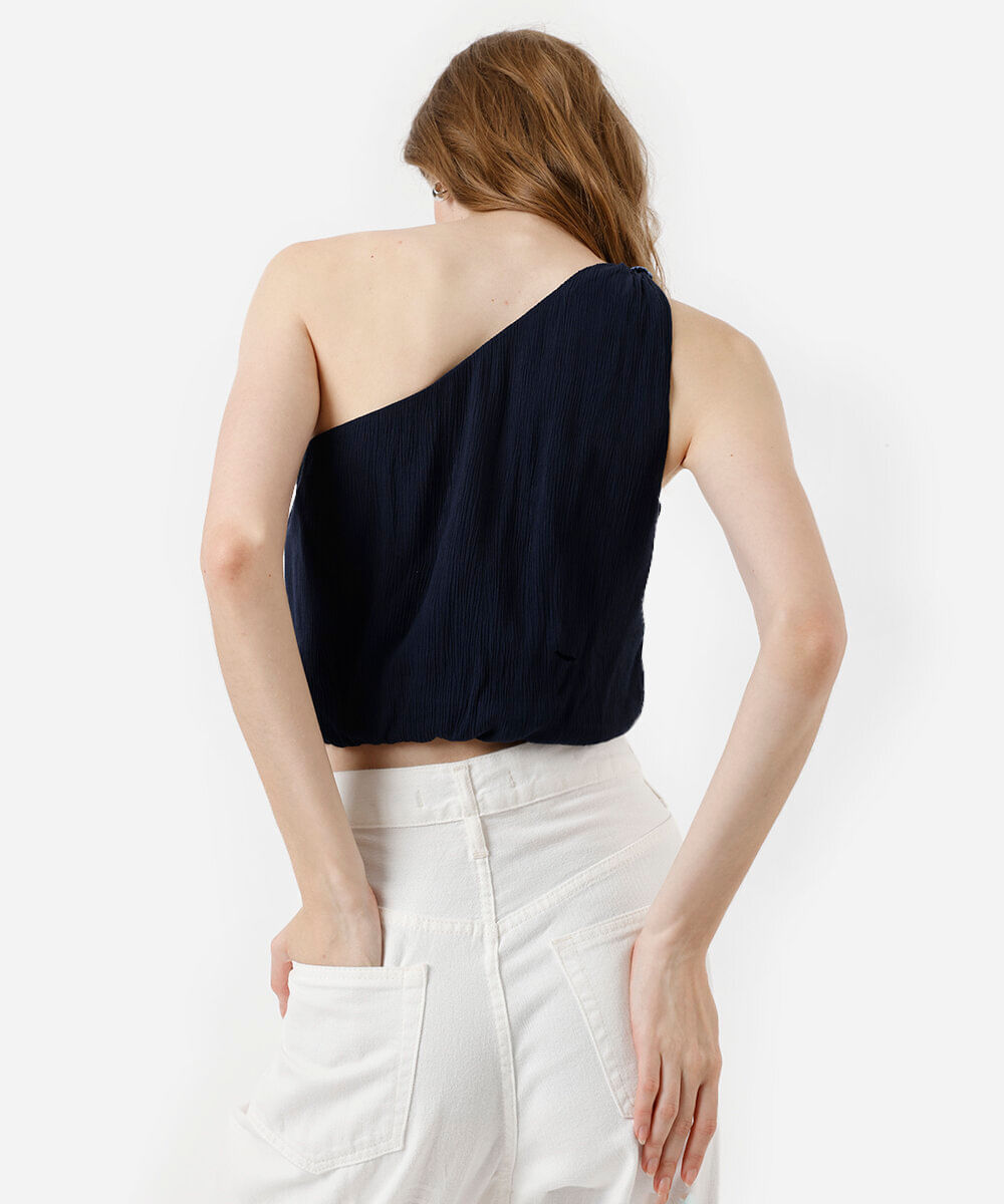 cropped ombro único de viscose bordada texturizada azul
