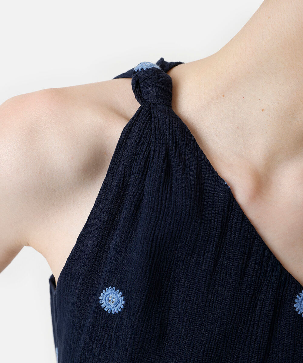 cropped ombro único de viscose bordada texturizada azul