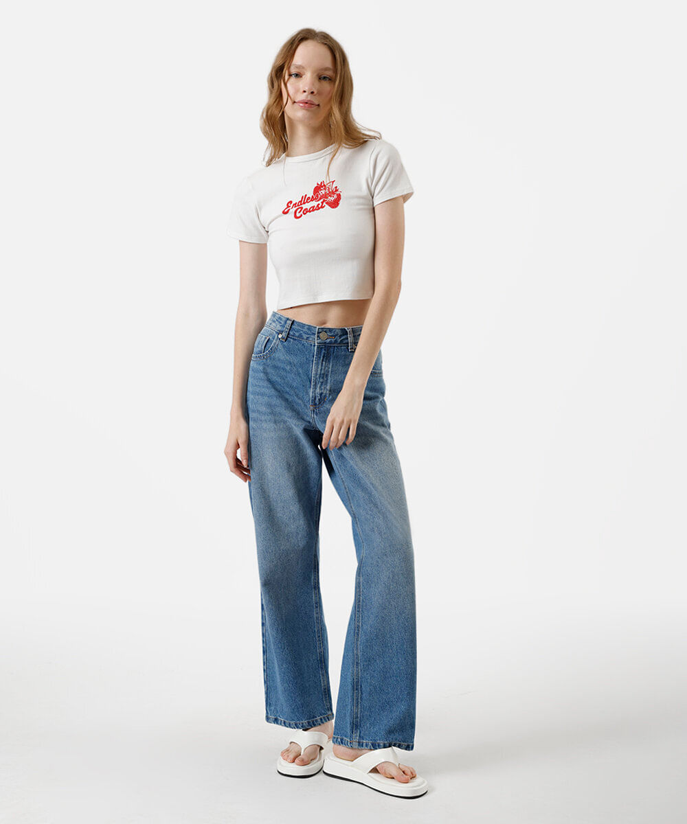 cropped baby look feminino estampado off white