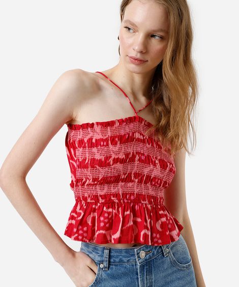 blusa alça fina feminina de algodão franzida floral vermelha