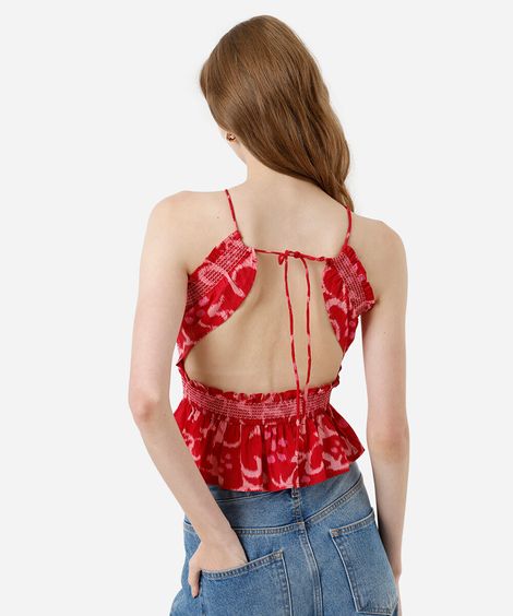 blusa alça fina feminina de algodão franzida floral vermelha