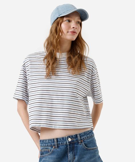 camiseta box feminina com algodão listrada oversized off white