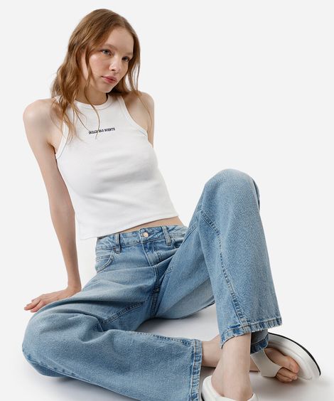 regata feminina de algodão bordada canelada off white