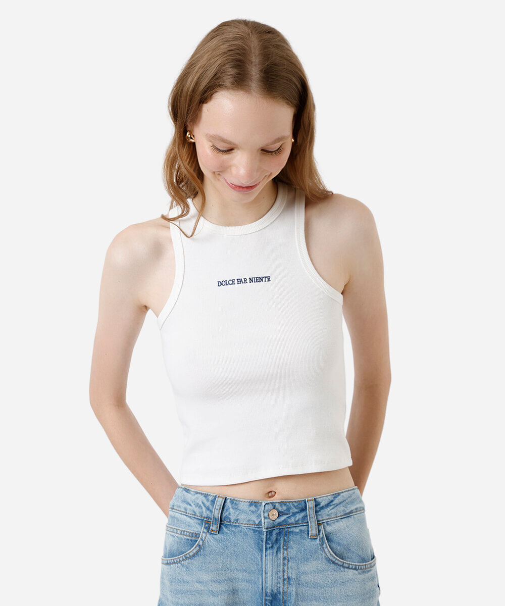 regata feminina de algodão bordada canelada off white