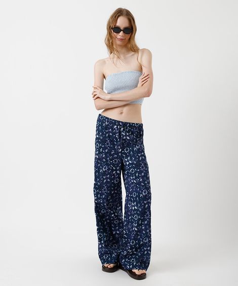 calça estilo pijama feminina de algodão cós elástico floral azul