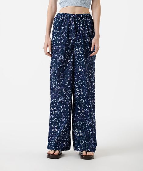 calça estilo pijama feminina de algodão cós elástico floral azul