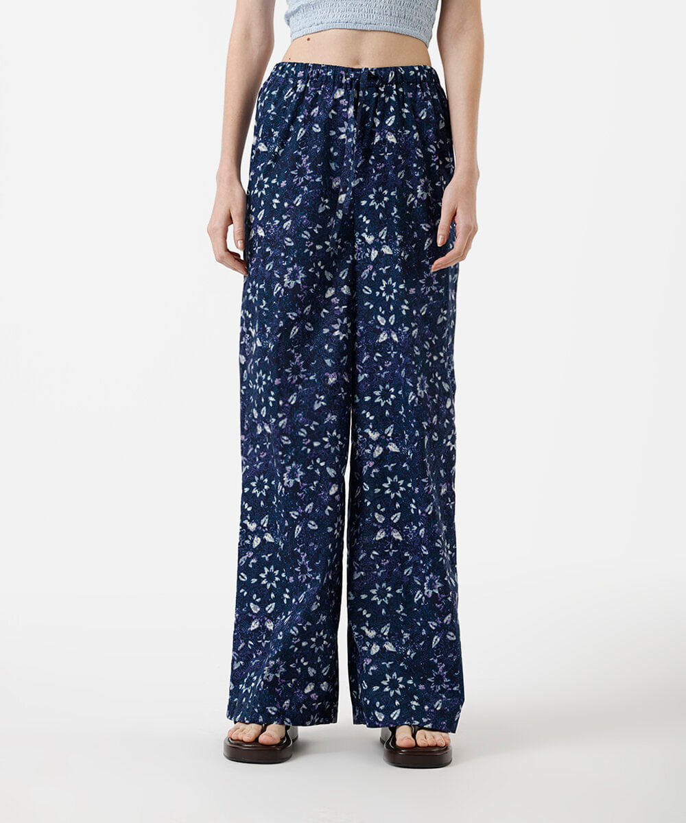 calça estilo pijama feminina de algodão cós elástico floral azul