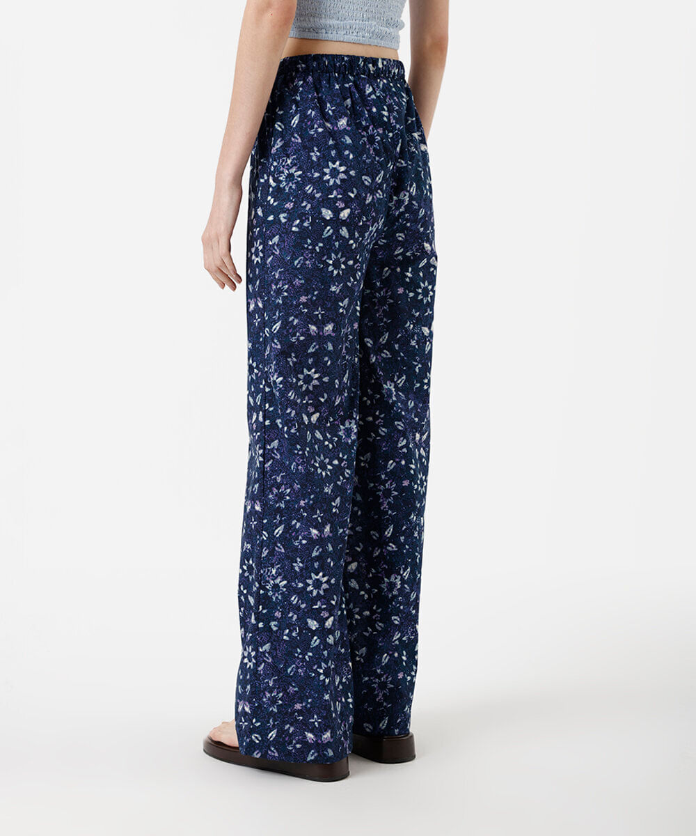 calça estilo pijama feminina de algodão cós elástico floral azul